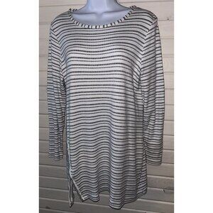 Chicos Sz 1 (MEDIUM) Soft Chic Striped Ribbed Tunic Pullover Button Detail *VGUC